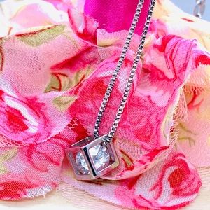 Sterling Silver 925 CZ Cube Necklace